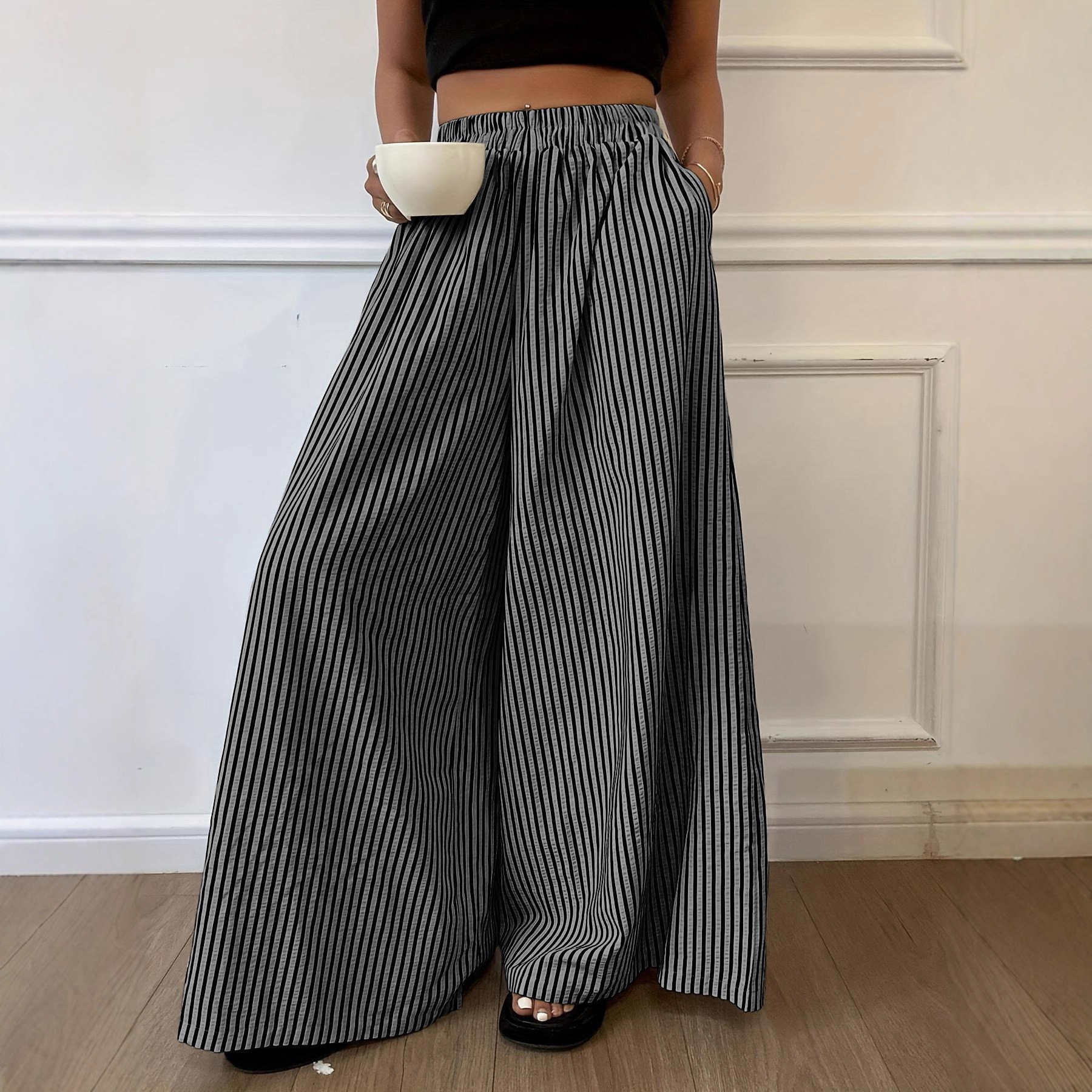Womens Stylish Striped Elastic-waist Straight-leg Wide-leg Pants