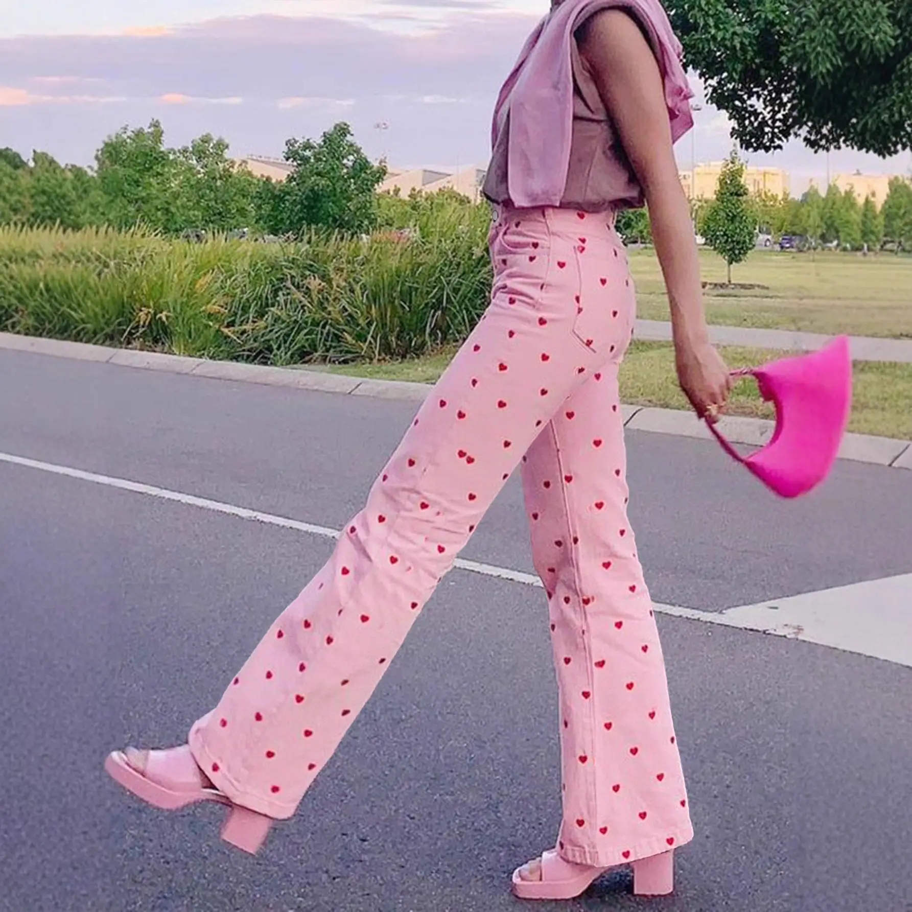 European And American Denim Pink Heart Wide-Leg Pants