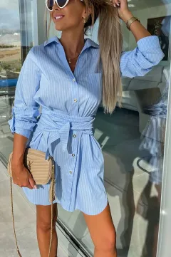 Multi-Color Rolled Sleeves Shirt Dress Women - Blue And White Stripes - View 1
