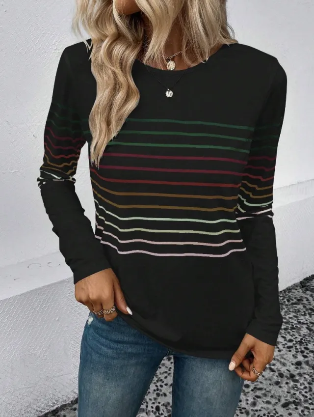 European And American Fashion Striped Printed Round Neck Long Sleeve Women Black - Shop at LoveMi