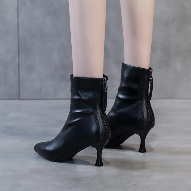 Women's Soft Leather High Heel Pointed Stiletto Heel Ankle Boots Black - Shop at LoveMi