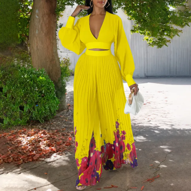 Women's Fashionable Elegant Chiffon V neck Pleated Top Printed Wide leg Pants Suit Yellow - Shop at LoveMi