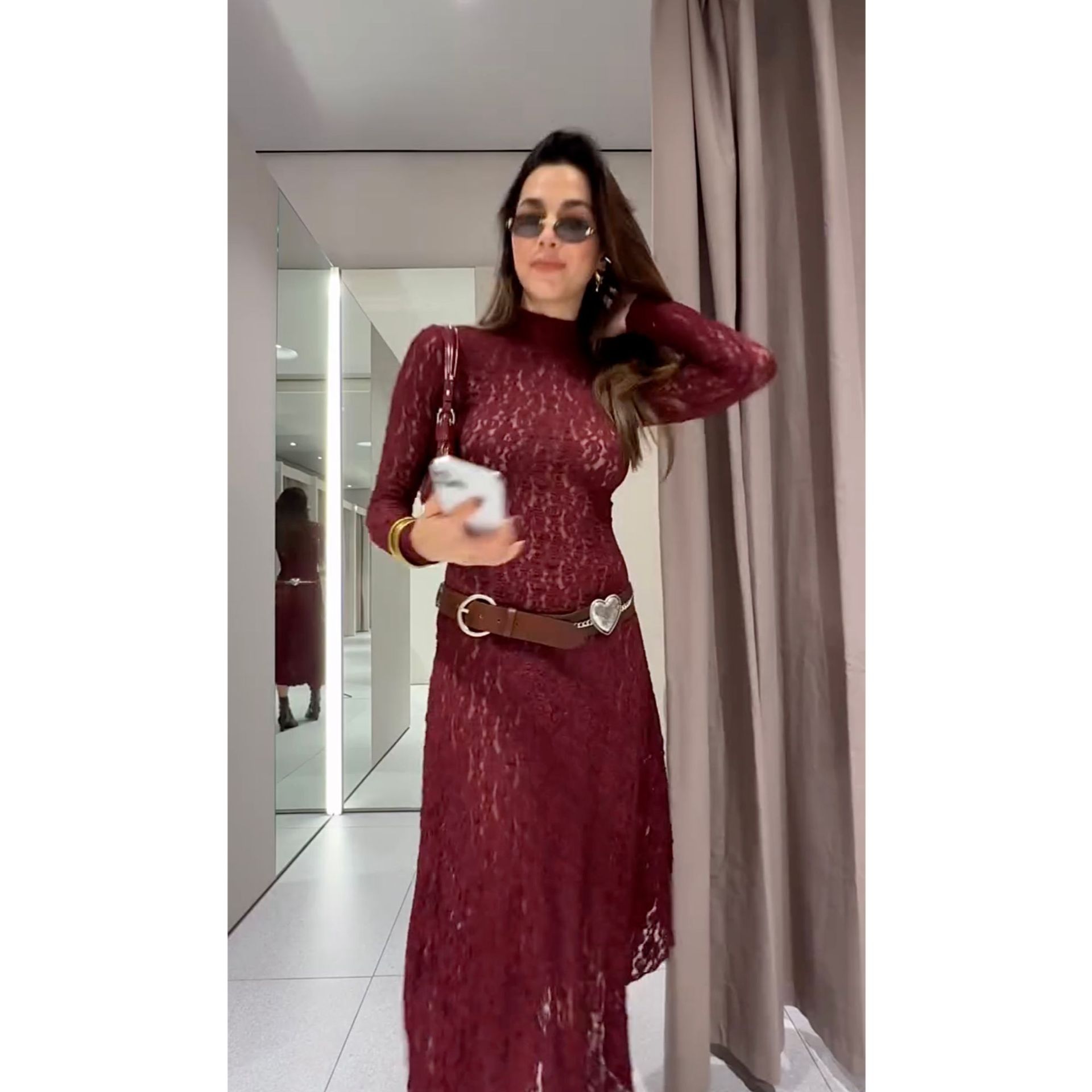 Graceful And Fashionable Lace Turtleneck Long Sleeve Midi Skirt Dress