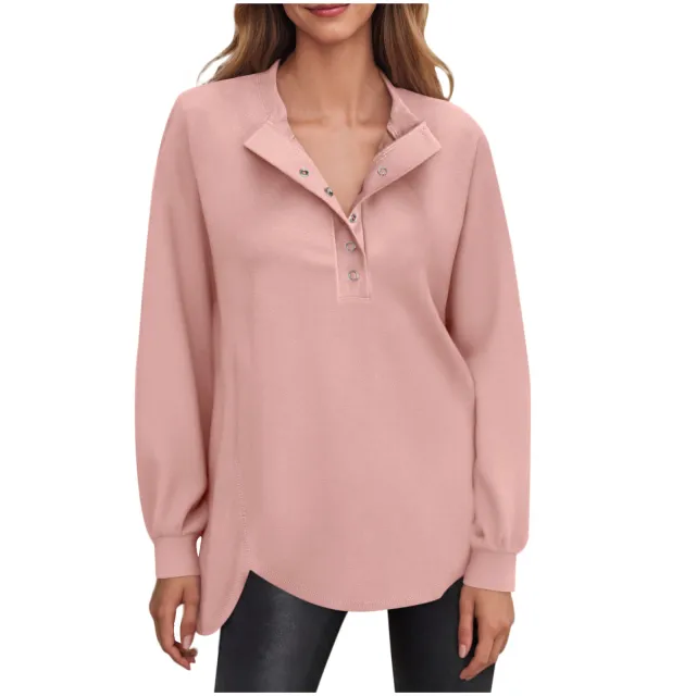 Women's Fashion Casual Solid Color Round Neck Button Long Sleeve Top Pink - Shop at LoveMi