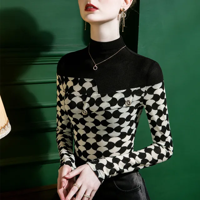 Women's Half turtleneck Printed Stitching Bottoming Shirt Black - Shop at LoveMi