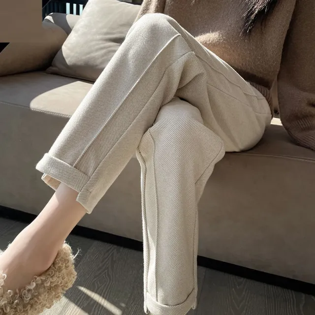 Small Women's Autumn And Winter Herringbone Pattern Woolen Trousers Khaki - Shop at LoveMi
