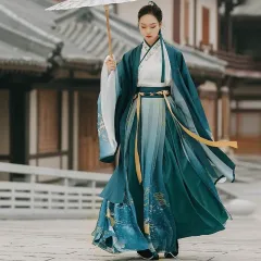 Hanfu Embroidered Large Sleeves Cross Collar Waist Jacket And Dress - Full Set - View 1
