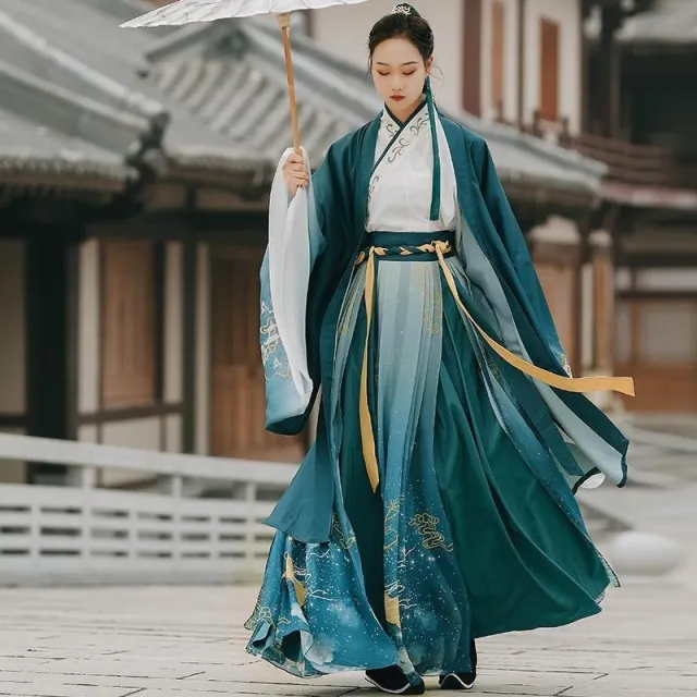 Hanfu Embroidered Large Sleeves Cross Collar Waist Jacket And Dress Full Set - Shop at LoveMi