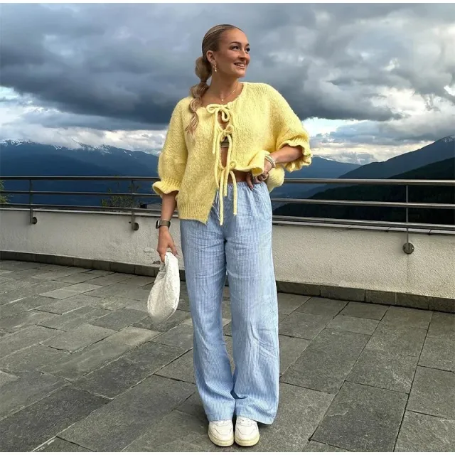 Long Sleeve Lace up Knitted Cardigan Sweater Yellow - Shop at LoveMi