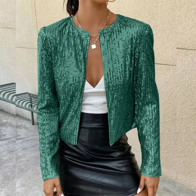 Stand Collar Color Matching Sequins Coat Short Casual Jacket Green - Shop at LoveMi