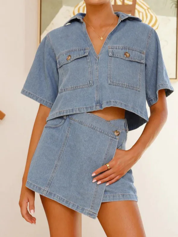 Women's V neck Short Sleeve Loose And Irregular Denim Short Pantskirt Suit Light Blue - Shop at LoveMi