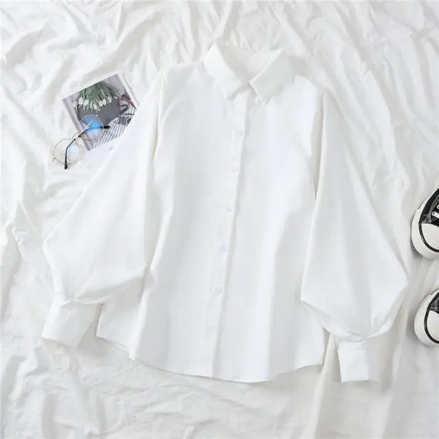 Lantern Sleeve Shirt Design Sense Niche Loose Long Sleeve Lapel Top White - Shop at LoveMi