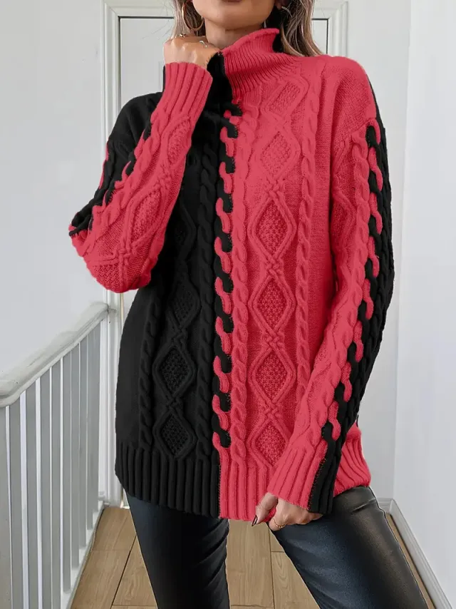 New Women's Fashion Color Contrast Stitching Symmetrical High Collar Loose Sweater Black And Watermelon Red - Shop at LoveMi