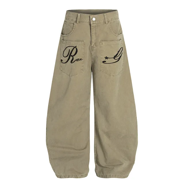 American Retro Embroidery Multi pocket Cargo Pants Khaki - Shop at LoveMi