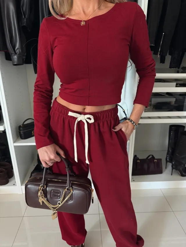 Women's Solid Color Casual Waist exposure T shirt Trousers Wine - Shop at LoveMi