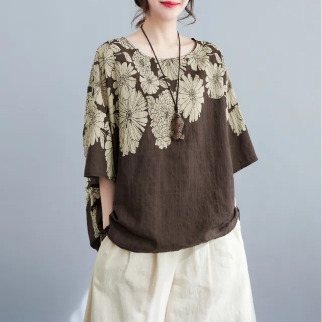 Women's Fashionable Temperament Batwing Shirt Round Neck Short Sleeve Brown - Shop at LoveMi