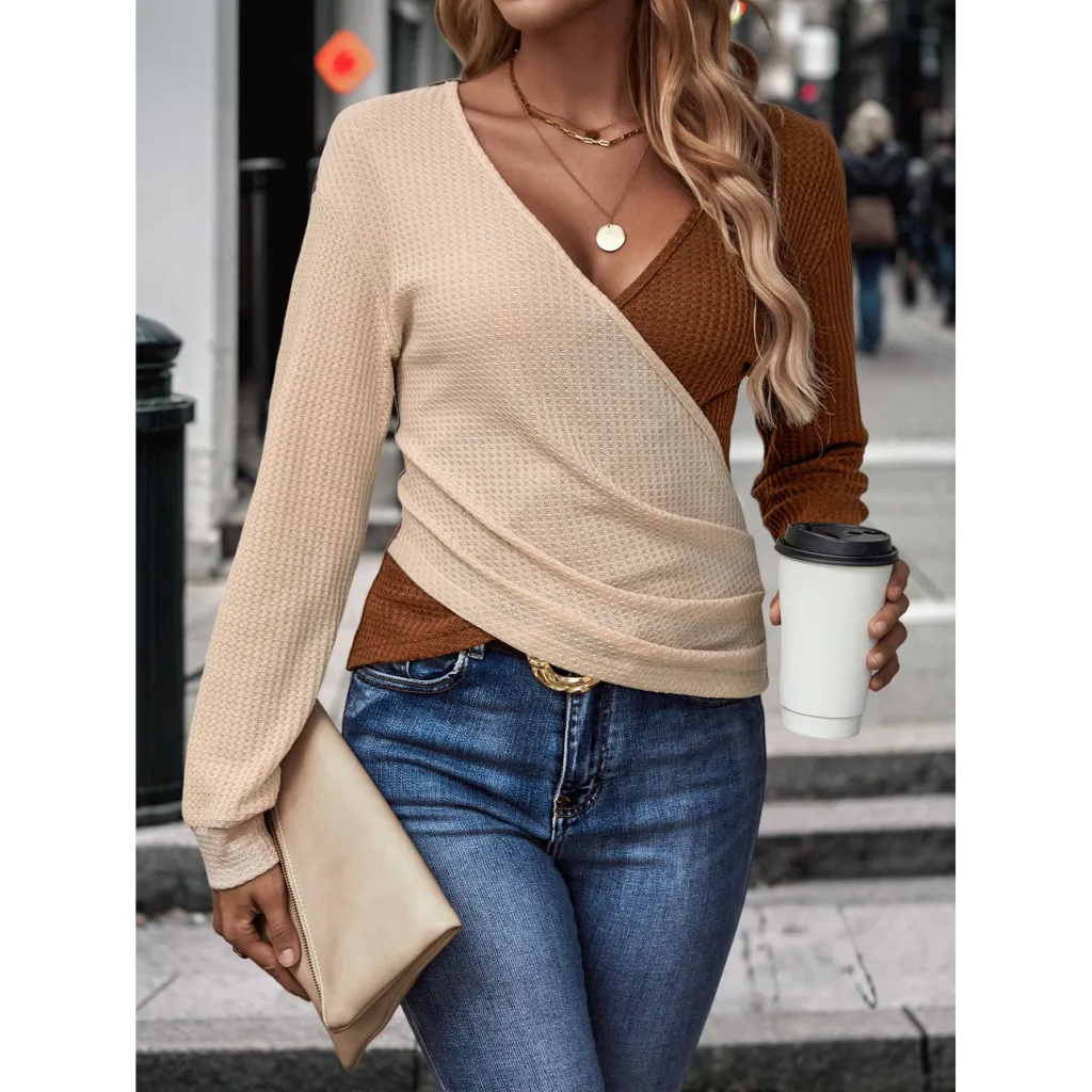 Women's Two-color Color Contrast Patchwork Drop-shoulder - Qx23770 Light Brown