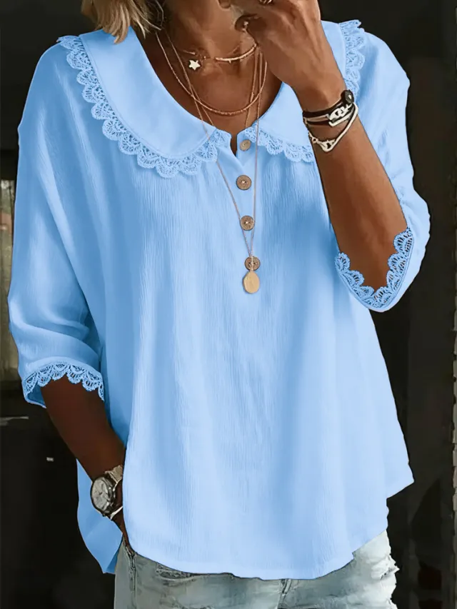 Fashionable Collar With Lace Trim, Solid Color Button Up Shirt Blue - Shop at LoveMi