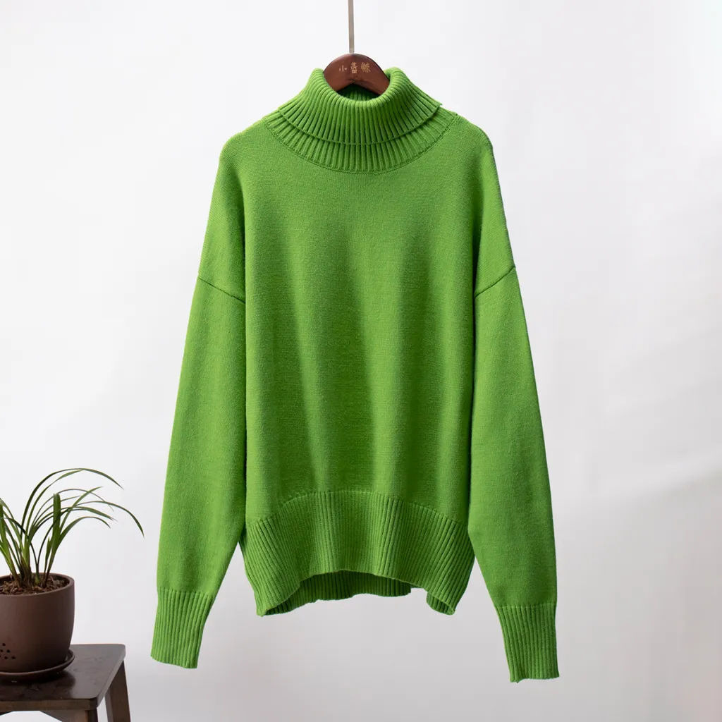 Women's Fashionable All-match Solid Color Turtleneck Sweater - Olive