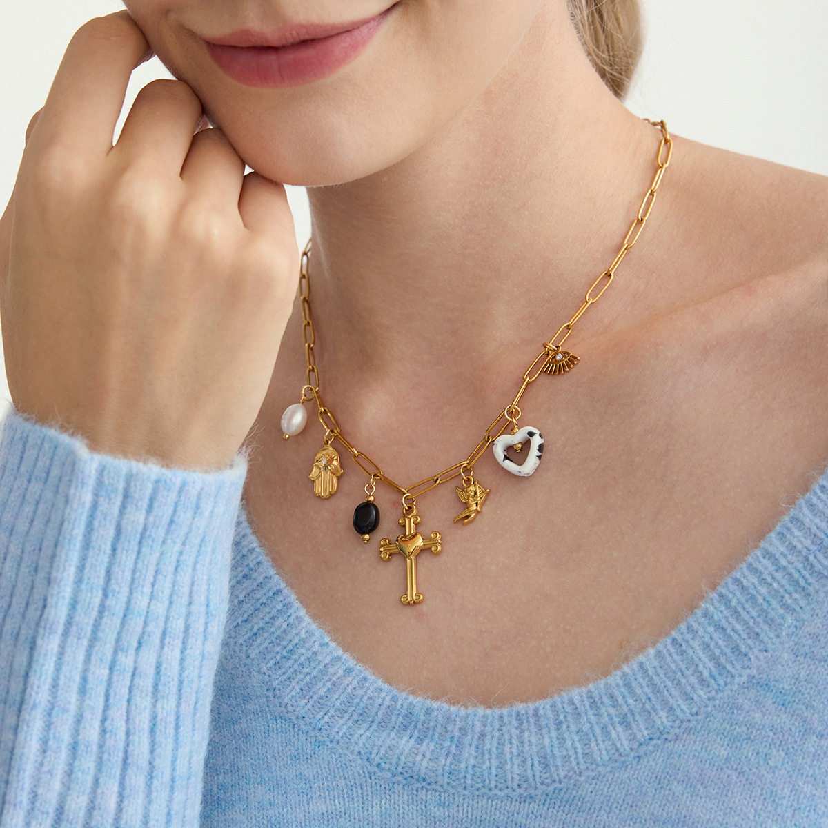 Retro 18K Gold Stainless Steel Jewelry Freshwater Pearl Necklace - Jewelry & Watches