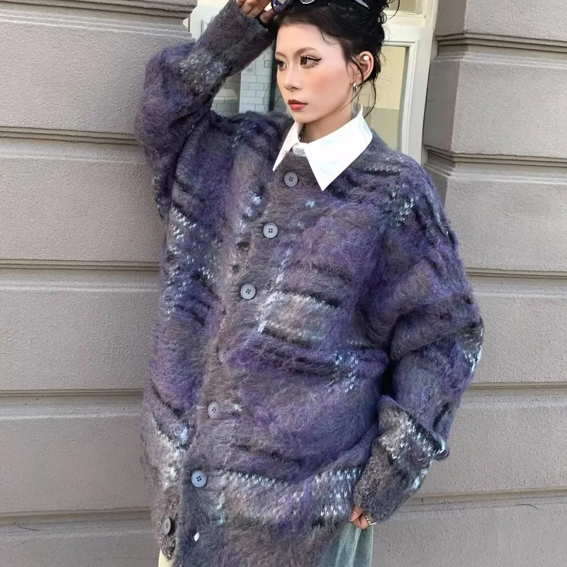 Retro Contrast Color Knitted Sweater Coat - Purple