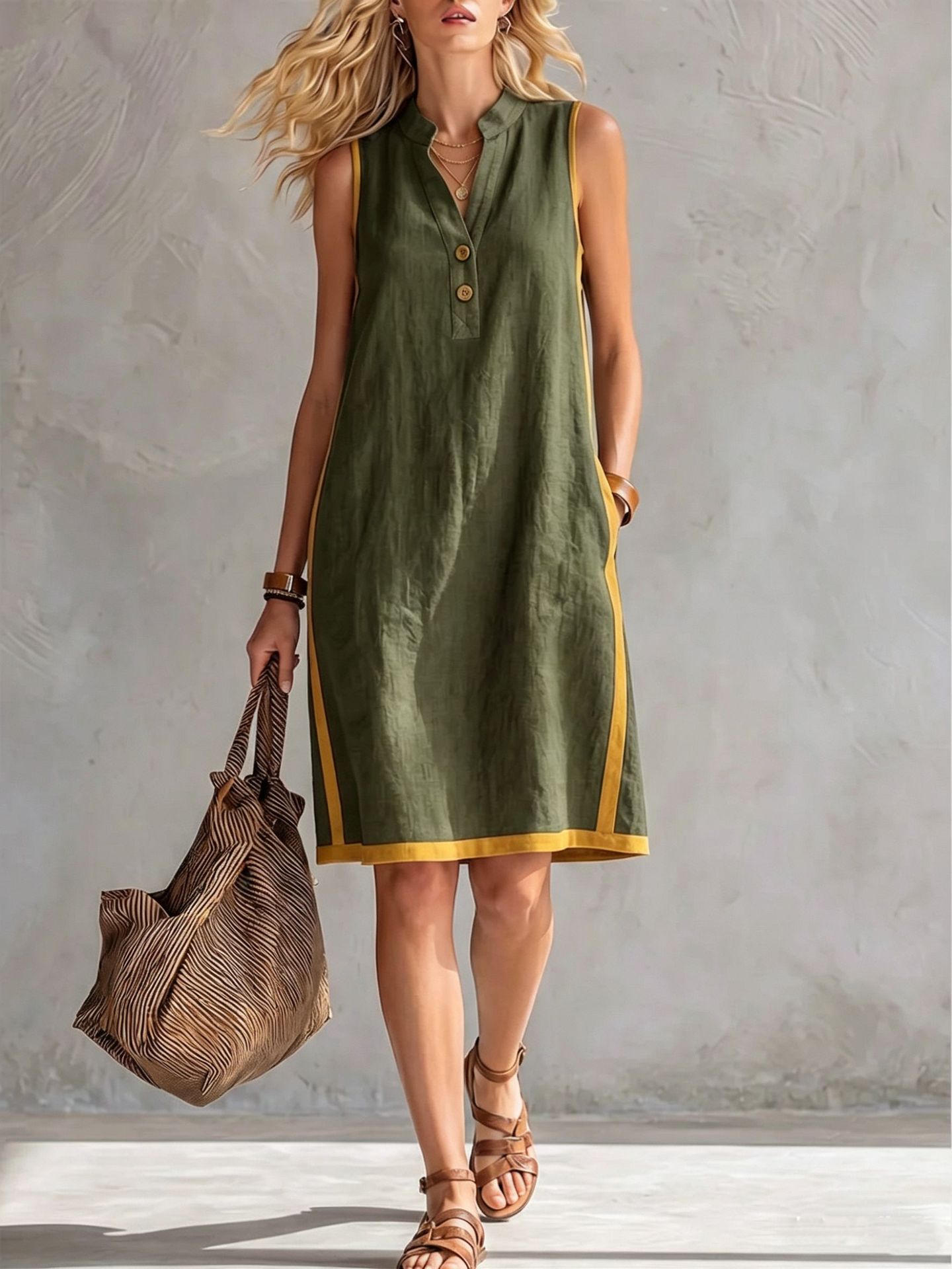 Women's sleeveless midi dress in army green, casual lifestyle photo showing A-line shape