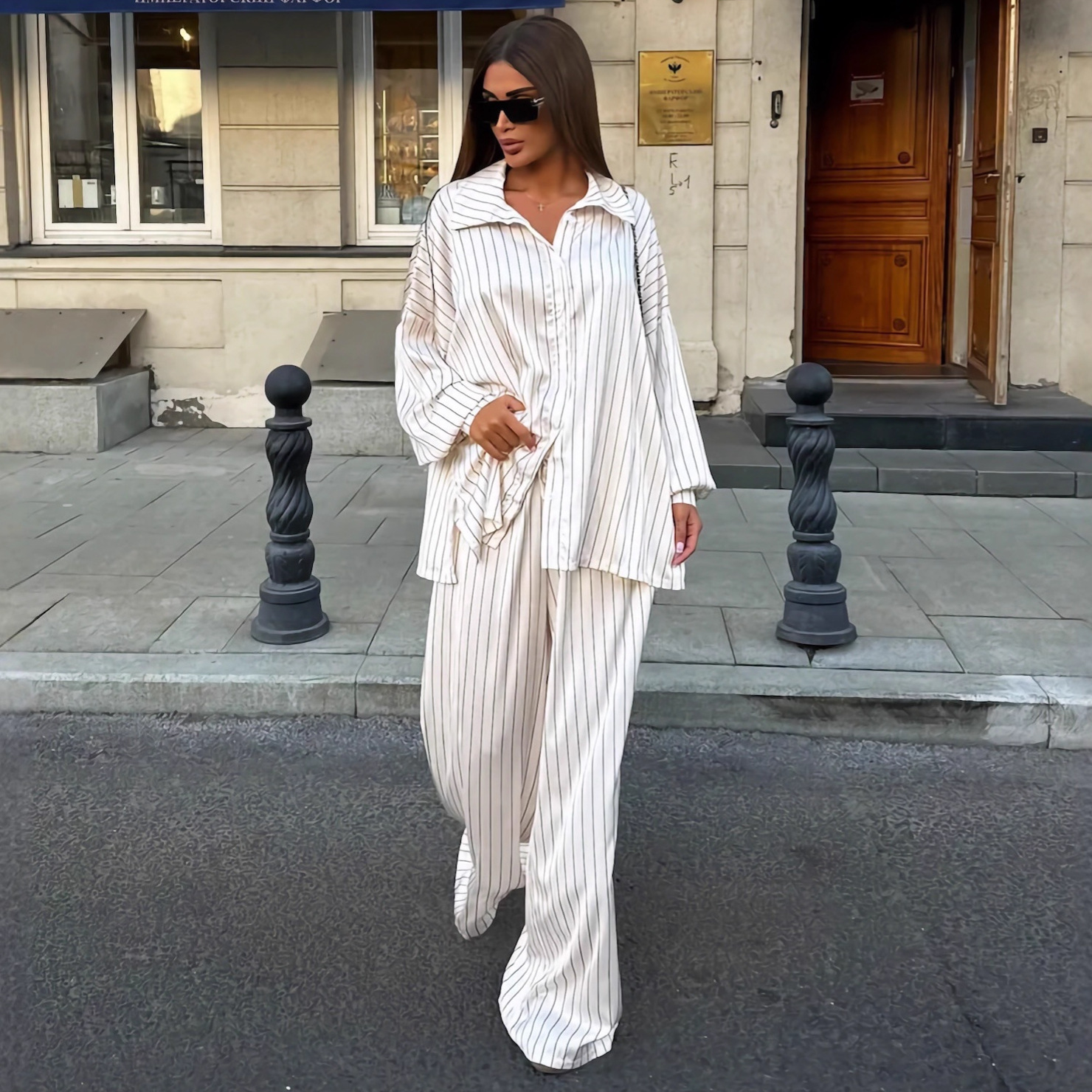 Fashionable Striped Long-sleeve Shirt Cardigan And Wide-leg Pants Two-piece Set