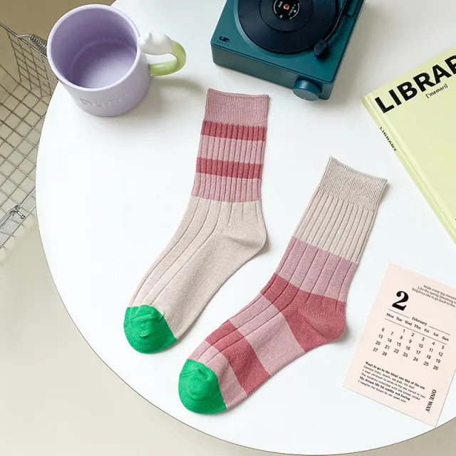 Stripe Contrast Color Tube Socks Color Matching Asymmetric AB Socks Pink - Shop at LoveMi