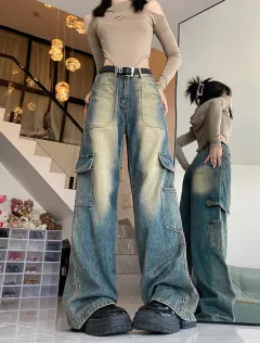 American Workwear Pocket Wide Leg Denim Straight-leg Pants Women - Blue - View 1