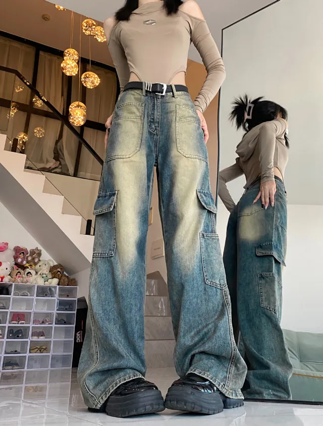 American Workwear Pocket Wide Leg Denim Straight leg Pants Women Blue - Shop at LoveMi
