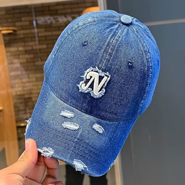 Embroidered Denim Letter Baseball Women's Ripped Peaked Cap Sun Hat Dark Blue - Shop at LoveMi