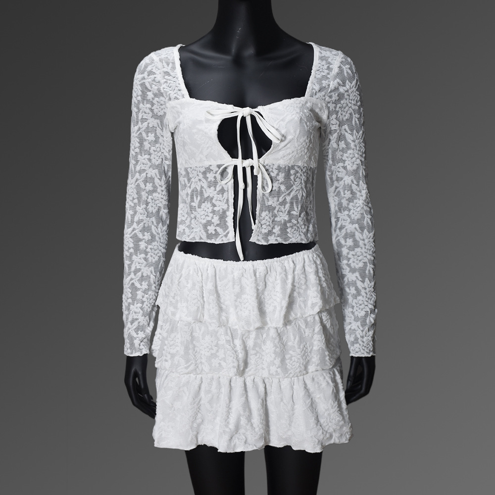 Sexy Square-neck Lace See-through Tied Top Cake Skirt Outfit