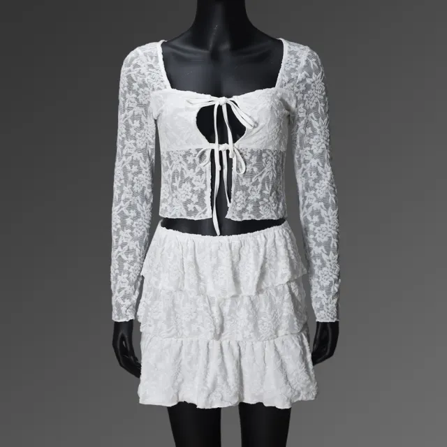 Sexy Square neck Lace See through Tied Top Cake Skirt Outfit White - Shop at LoveMi