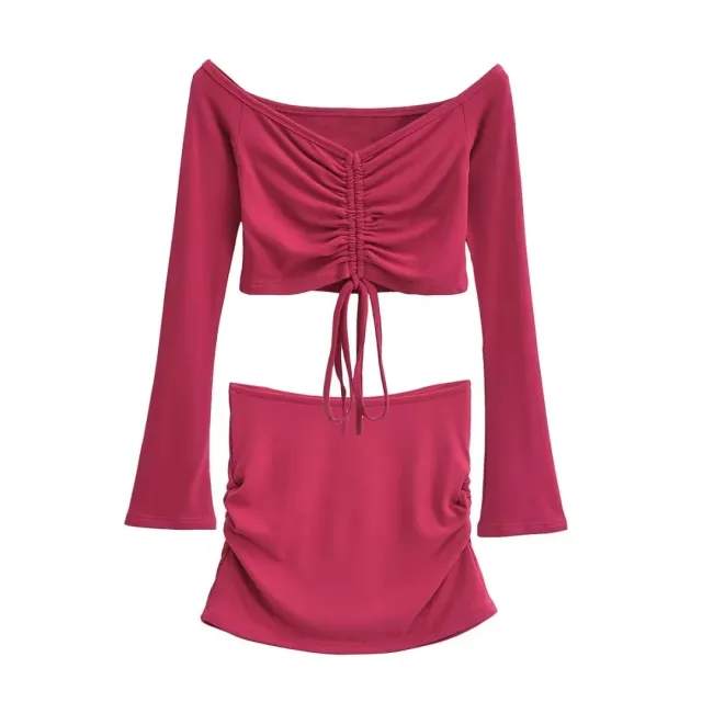 Solid color Drawstring Pleated Wrap Skirt And Top Set For Women Red - Shop at LoveMi