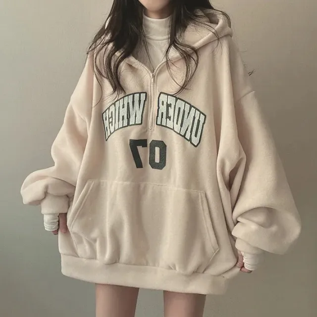 Letter Zipper Hooded Sweater For Women Fleece lined Thickened Color L - Shop at LoveMi