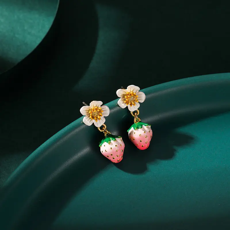 Enamel Strawberry Silver Needle Earrings