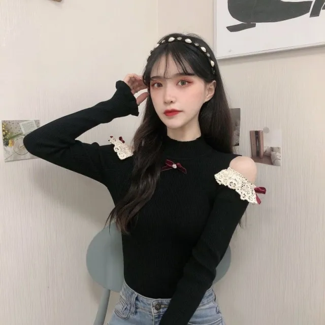 Women's Lace Stitching Hollow out Short Long sleeved Sweater Black - Shop at LoveMi