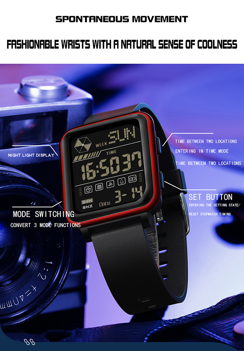 Sanda 6159 Square Stopwatch Multifunctional Waterproof Digital Sports Watch for Men