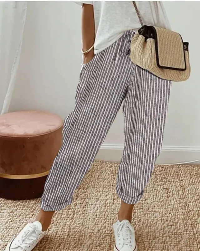 Summer Stripes Casual Pants Loose Elastic Waist Women Brown - Shop at LoveMi