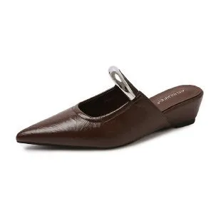 Pointed Toe Slip on Mule Sandals With Chunky Heels Brown - Shop at LoveMi