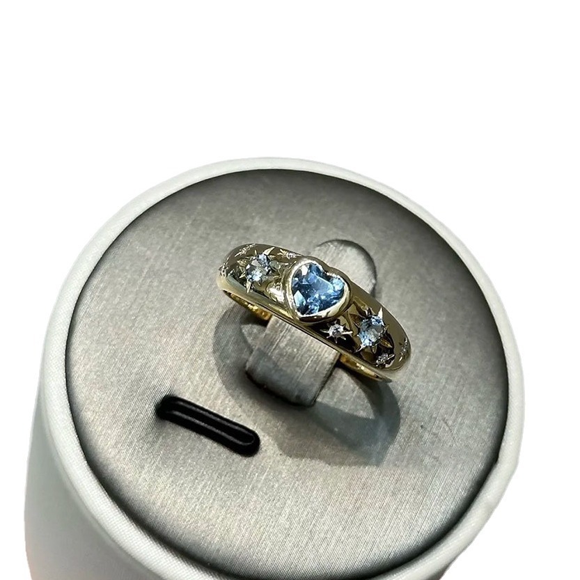 Aquamarine Heart-shaped Eight-pointed Stars Ring Niche Retro