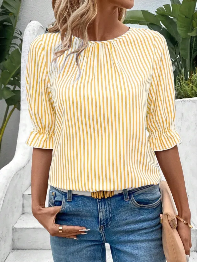 European And American Fashion Blue Striped Button Design Shirt Top Yellow - Shop at LoveMi