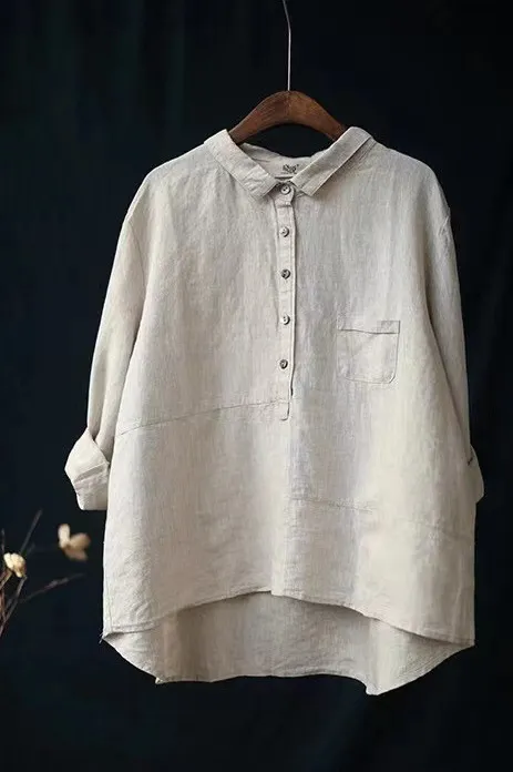 Casual Loose Solid Color Linen Shirt For Women Beige - Shop at LoveMi