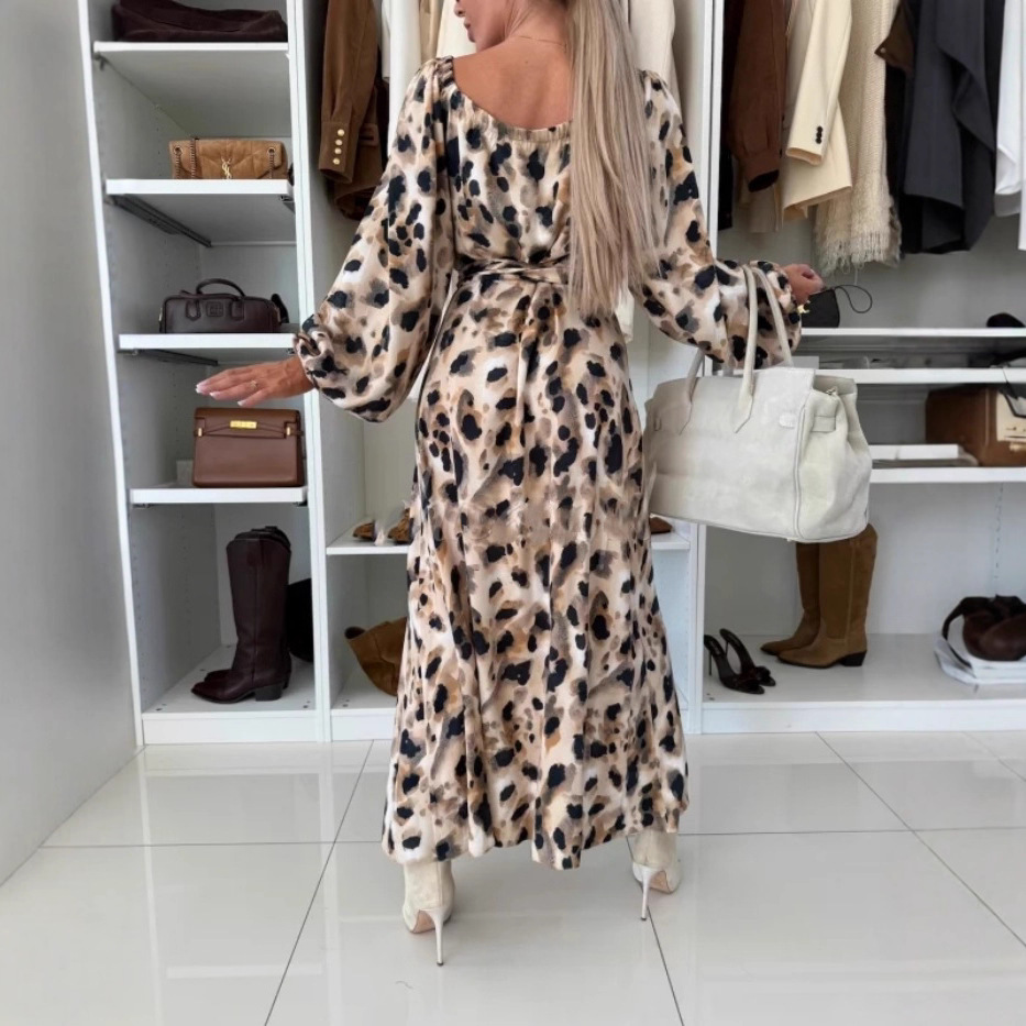 Women's Printed Waist-controlled Hem Slit Long-sleeved Dress - Image 4