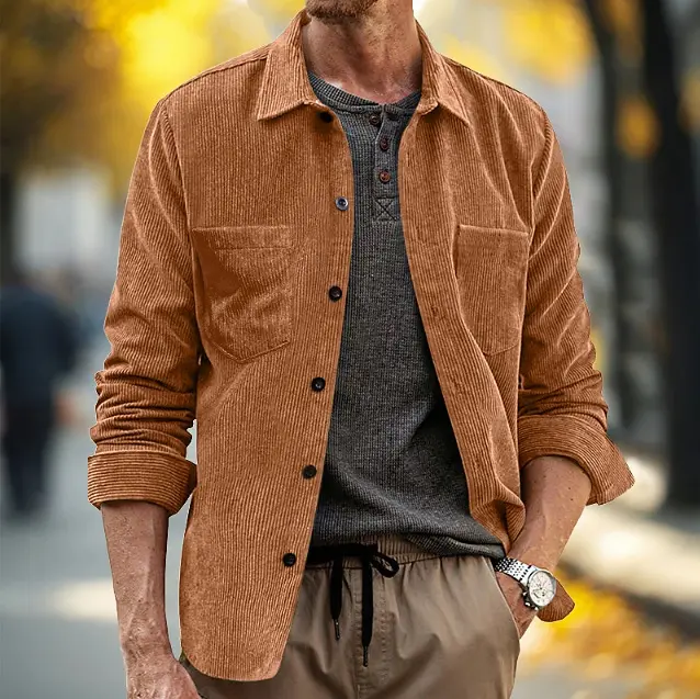 Mens Corduroy Long-Sleeve Casual Pocket Lapel Shirt