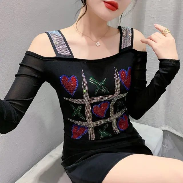 Women's Double layer Ice Silk Net Yarn Long sleeved Off shoulder Blouse Top Black - Shop at LoveMi