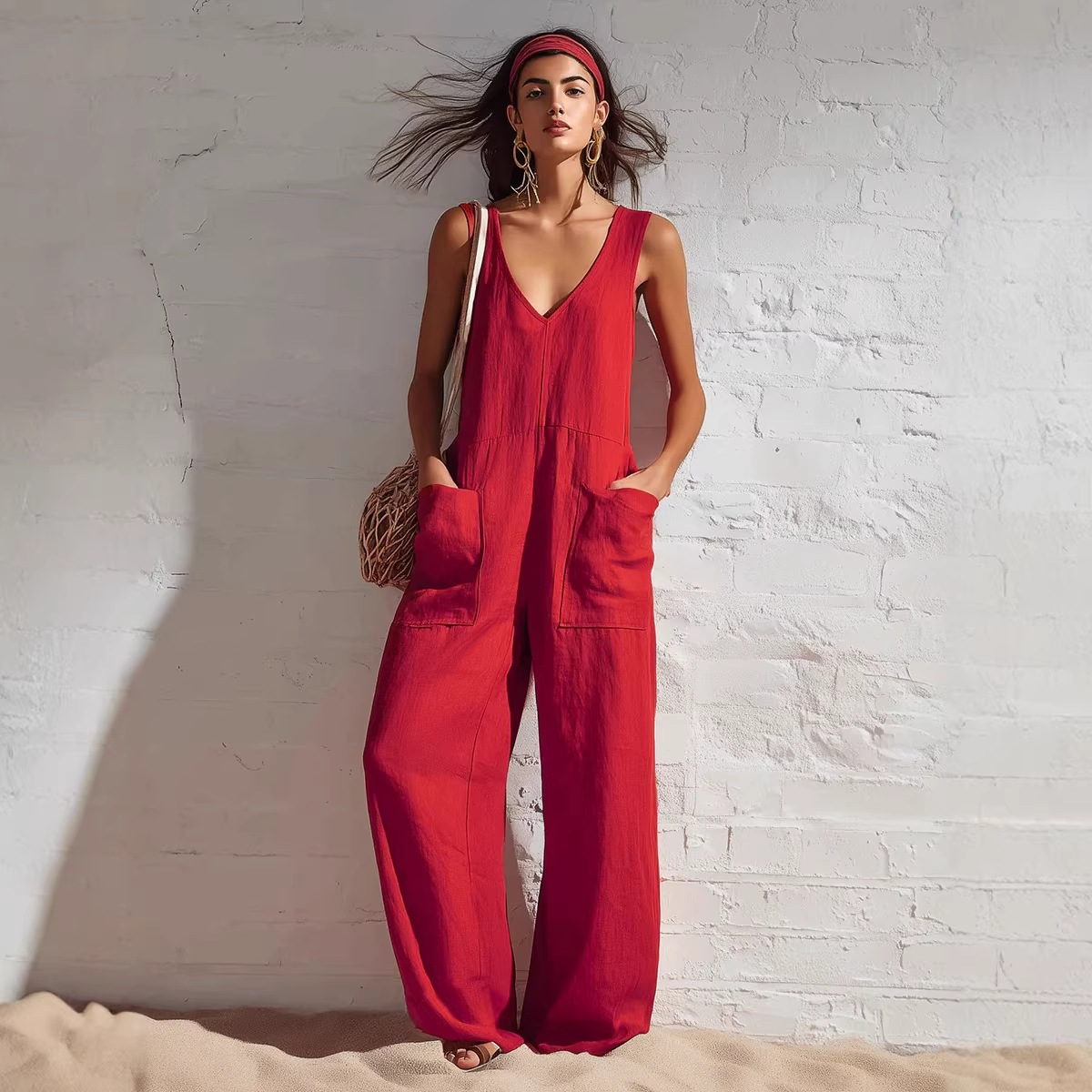 Womens Sleeveless V-Neck Pocketed Casual Jumpsuit