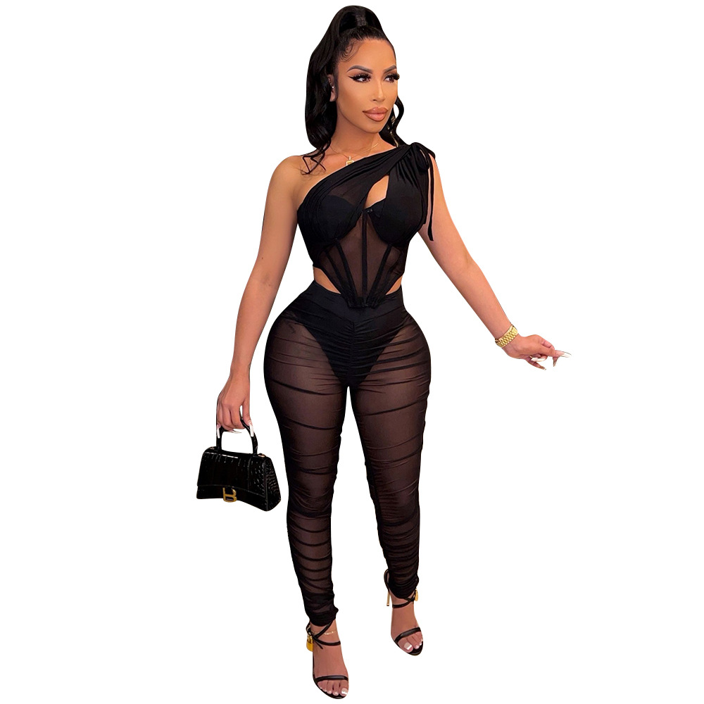 Women's Fashion Sexy Mesh See-through Irregular Top Two-piece Suit