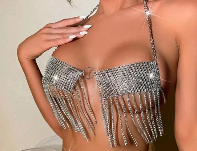 Rhinestone Inlaid Diamond Cloth Tassel Chain Joint Halter Vest Top - Shop at LoveMi