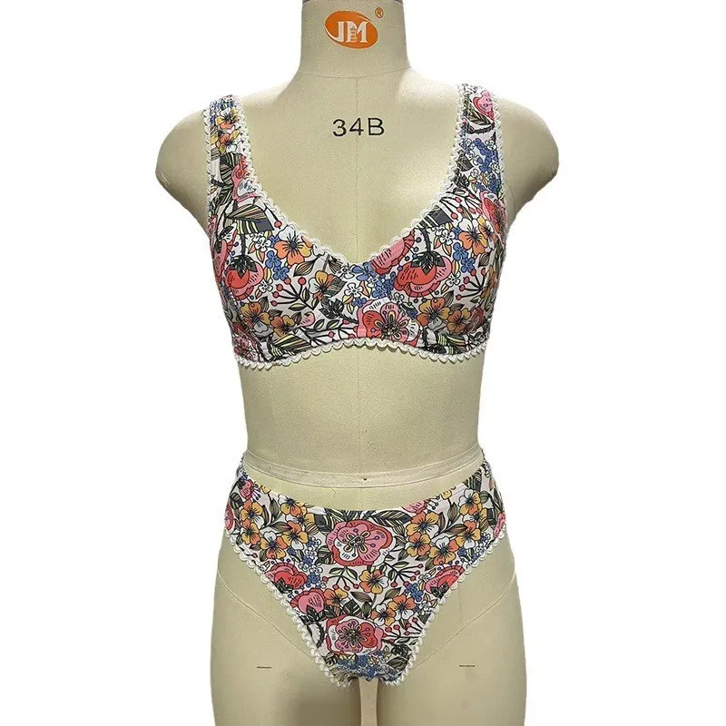 Bikini European And American Steel Bracket Push Up Printed Tied Swimsuit For Women - Printing 1-S